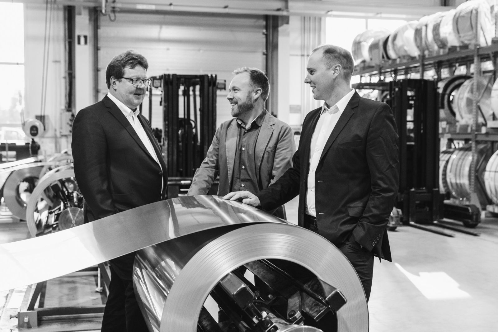 Refrigeration Business Director Heikki Oksanen (left), Energy Business Director Tobias Häggblom and Chemical and Process Business Director Marko Rantala photographed at Vahterus production facilities in Kalanti, Finland.